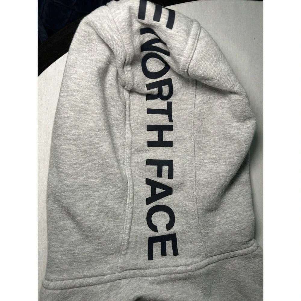 The North Face gray hoodie men's L full-length zipper, logo along edge of hood